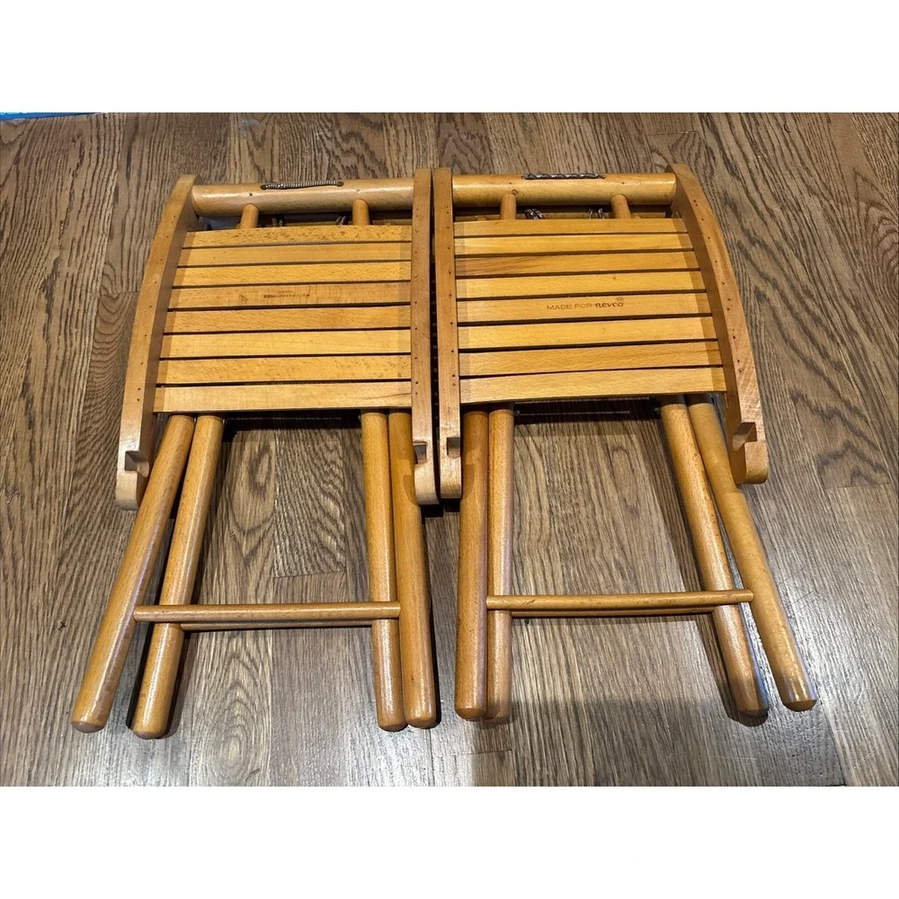 Nevco Yugoslavia Mid Century Modern Slat Wood Folding Camp Stool-Lot Of 2